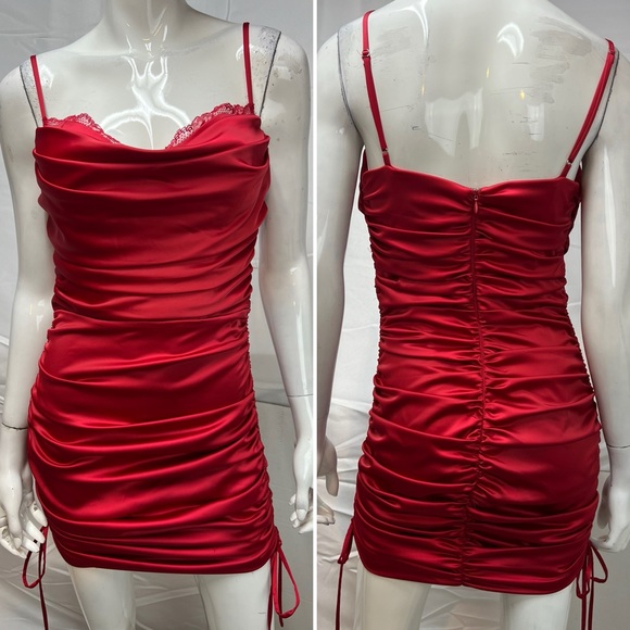 Oh Polly Red Satin Ruched Stretchy All For You Mini Bodycon Dress US 6 (UK 10) - Picture 3 of 10